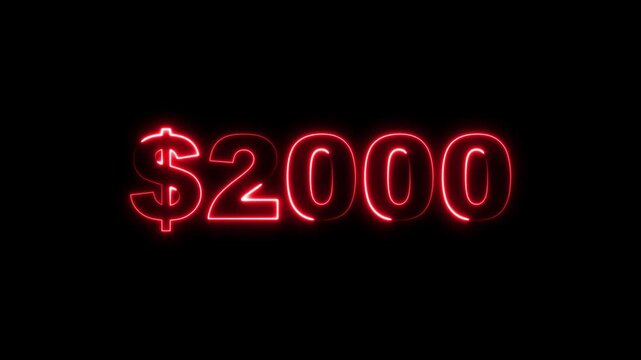 Glowing Neon 2000 Dollars Text Icon Animation on Black Background 4K