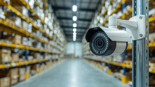 Professional surveillance camera mounted inside large industrial warehouse facility with blurred storage shelves