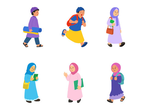 A collection of Muslim children character illustrations featuring boys and girls in modest clothing carrying books, backpacks, prayer mats, and school supplies. Vector illustration