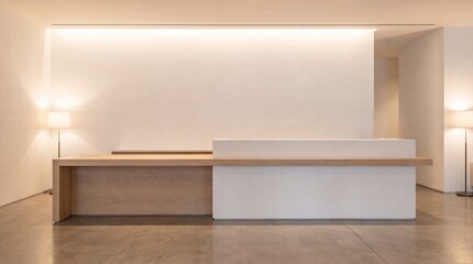 Fototapeta premium Modern minimalist reception desk in a warmly lit hotel lobby
