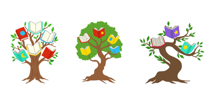 A collection of book trees featuring colorful books growing on branches as a symbol of knowledge, learning, and education. Vector illustration
