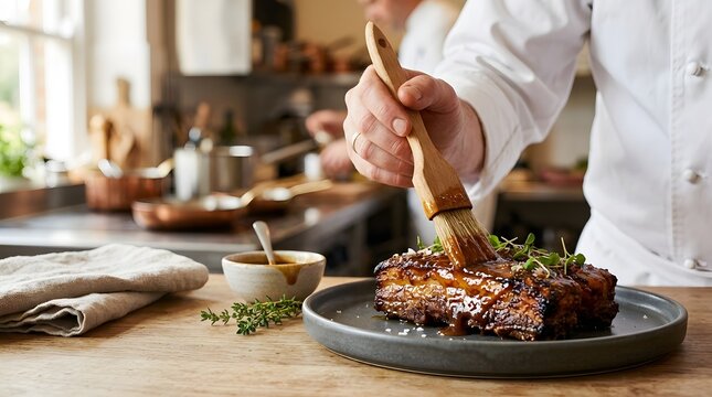 Professional Chef Brushing Delicious Glaze Sauce on Roasted Meat Plate in Restaurant Kitchen Interior