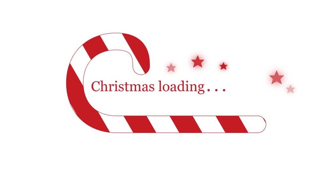 Christmas loading animation featuring a red candy cane progress bar and sparkling stars on white background