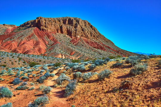 Desert Trail with Red Rock Formations and Sagebrush Under Clear Blue Sky