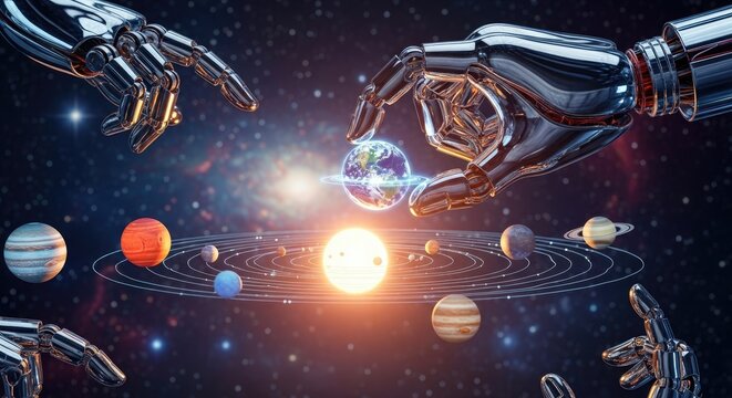 Robotic hands holding solar system planets.