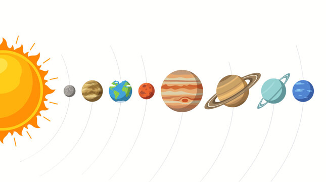 Illustration of the Sun and the Eight Planets in Our Solar System. Educational space diagram showing planetary orbits and sizes.
