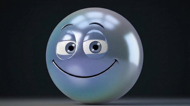 Shiny metallic 3D sphere with a happy face against a dark background smile character feeling