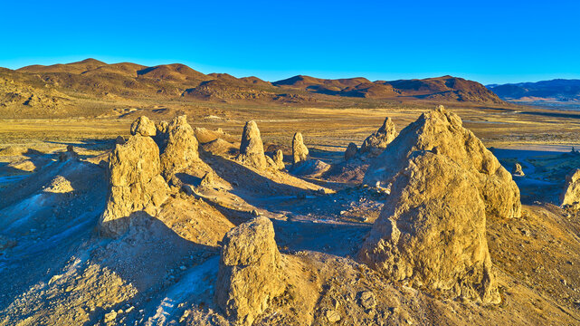 Aerial Trona Pinnacles Tufa Spires at Golden Hour in California Desert