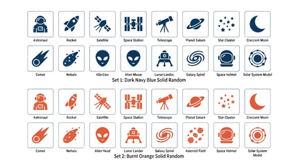 Space exploration vector icons in dark navy blue and burnt orange depicting rockets astronauts planets and nebulae. © Mehedi