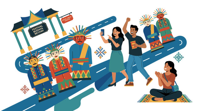 Betawi Culture Festival Illustration with Ondel Ondel and People