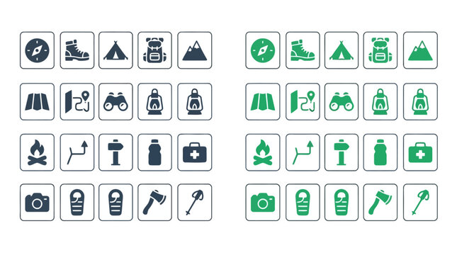 Outdoor adventure and travel gear icons set.