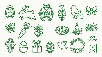 Fototapeta premium Collection of Hand-Drawn Easter Icons and Symbols in Green Outline Style.