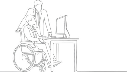 Fototapeta premium Two businessmen, one in a wheelchair, collaborating at a desk with a computer collaboration teamwork