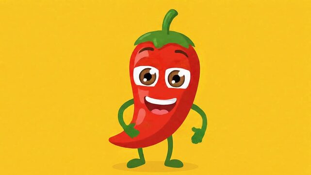 Happy cartoon chili pepper character waving hands against yellow background food spicy vegetable