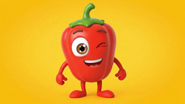 Cute cartoon bell pepper character standing on yellow background food vegetable mascot smiling