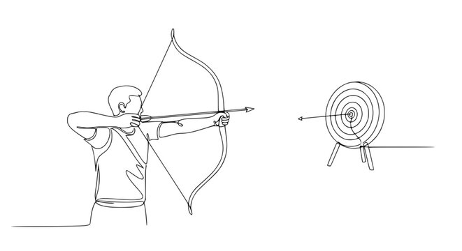 Archer aiming bow and arrow at target, single line art