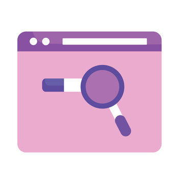 Web search and data analysis concept vector illustration with magnifying glass icon over browser window or web application interface. Modern flat 2.5D or semi-3D design with a purple, red color palett