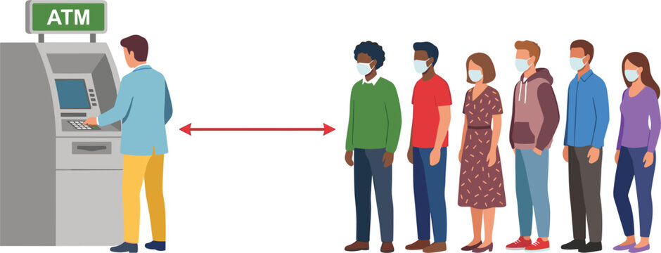 People Wearing Face Masks Waiting in Line at ATM Machine and Keeping Social Distance Warning Regulation Flat Vector Illustration