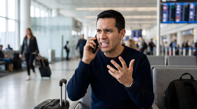 Man arguing on phone at airport with luggage