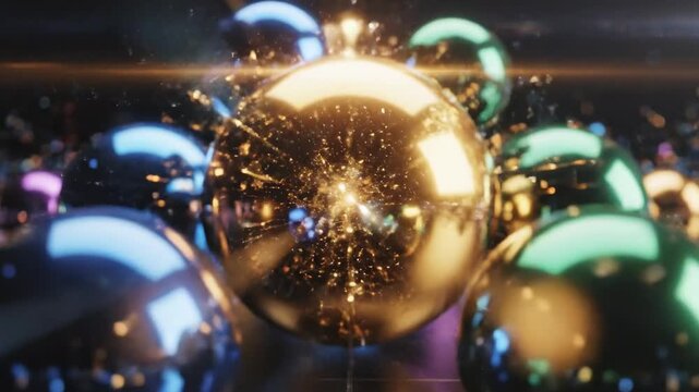 Dynamic metallic spheres exploding over blue glowing grid.