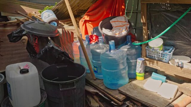 Detail of an outdoor area with stored water jugs, plastic pails, hoses, and various household utensils organized under a sheet metal cover.