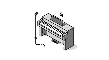 Isometric upright piano with music sheets and cables © Seyka