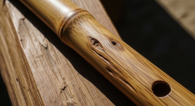 Close-up of a rustic bamboo flute with aged texture and knot detail