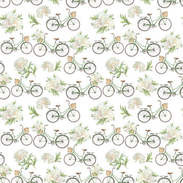 Watercolor seamless pattern with green and brown retro bicycle and peony bouquet on white background. Sport vintage equipment for summer walking in park or garden. Spring art for wallpaper wrapping