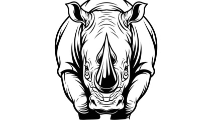 Front View Black and White Rhinoceros Head Illustration, Powerful Wildlife Animal Portrait © ISLAH