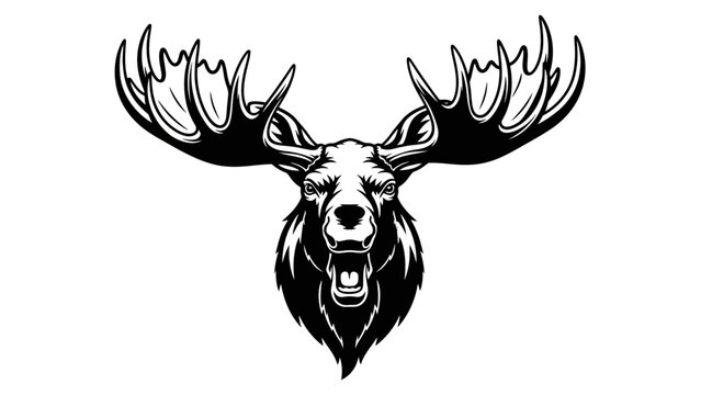 Majestic Moose Head Silhouette with Antlers, Fierce Expression, Black and White Vector Art