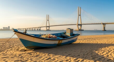 Obraz premium blue boat on sandy beach with bridge in background