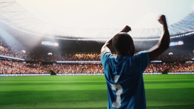 African American soccer player in blue jersey raising arms and saluting fans, walking onto pitch before game and waving at stadium crowd.