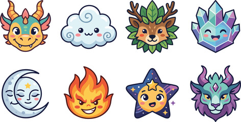 Fototapeta premium kawaii elements, cute nature icons, cartoon cloud, cute deer, fire character, cute star, kawaii vector, nature stickers, cute badges, cartoon characters, adorable set, cute icons, playful illustration
