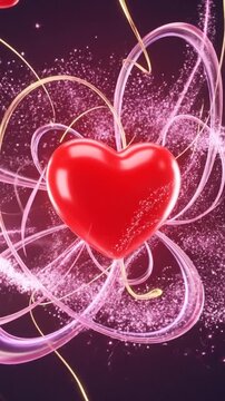 A glossy red heart floats amidst swirling light ribbons and sparkling particles in a dark space