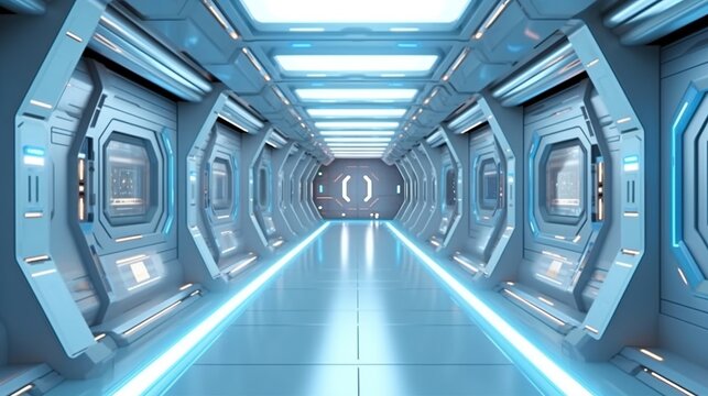 Futuristic. Corridor. Sci-fi. Blue. Neon. Technology.