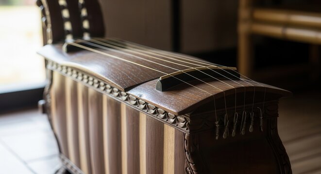 Close-up on a traditional wooden zither with strings and intricate carvings