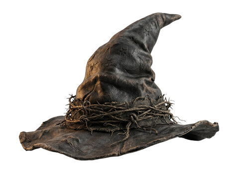 Old pointed witch hat with thorny vines for halloween object design