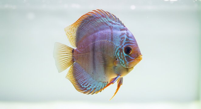 Discus Fish Portrait: A vibrant discus fish with intricate patterns and striking colors floats gracefully in clear water, showcasing its unique beauty and serene presence.