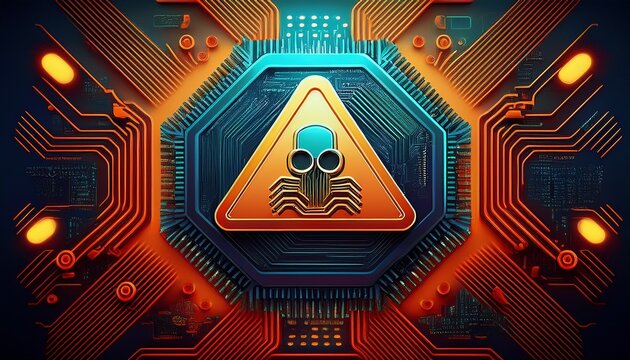 danger warning sign with computer processor chip cybersecurity threats with ai