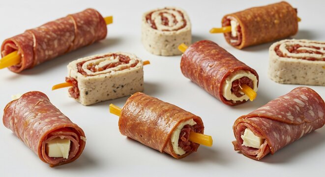 Assorted Appetizer Rolls: A vibrant selection of small, bite-sized appetizer rolls featuring a variety of savory fillings and meats, perfect for parties and gatherings.