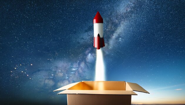 large firework rocket on its cardboard launch in night sky