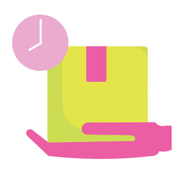 Flat vector illustration of on-time express package delivery service featuring a yellow cardboard box on a palm with a pink clock icont
