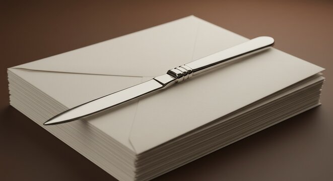 A Stack of Envelopes with a Letter Opener: A classic silver letter opener rests atop a neat stack of off-white envelopes, suggesting an invitation or correspondence on a warm brown background.