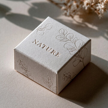 Minimalist craft paper box mockup with embossed nature text and botanical prints