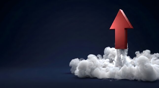 Financial growth acceleration concept with red rising arrow launching from smoke cloud symbolizing business profit surge