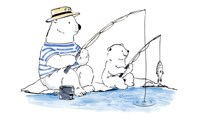 夏の釣りを楽しむシロクマの親子水彩風手描きイラスト © 桜 みずき