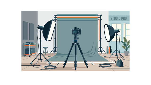 Professional photo studio interior with camera on tripod, photography studio equipment with softbox lights and backdrop, flat vector illustration