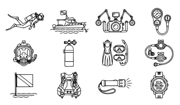 Hand-drawn scuba diving equipment icons set including diver boat camera gauges mask tank fins and accessories