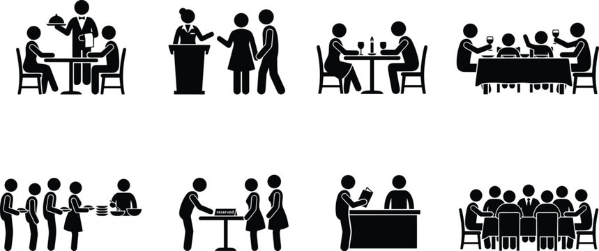 Restaurant Service Silhouette Icon Collection with Dining Waiter Reservation and Hospitality Vector Set