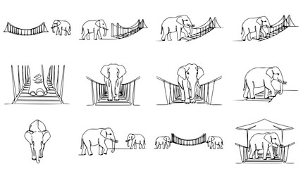 Obraz premium Elephant Family Crossing Bridge - Line Art Illustrations